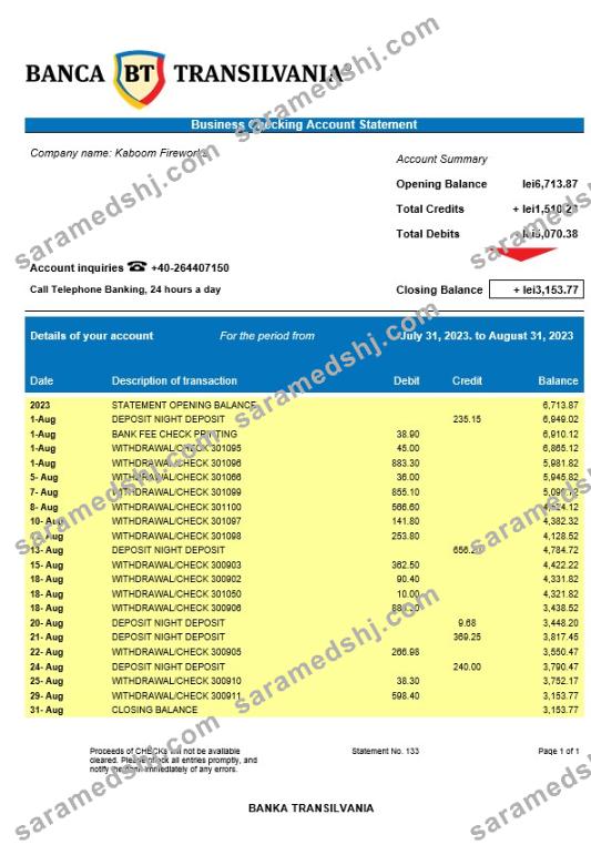 Banca Transilvania company account statement Word and PDF template